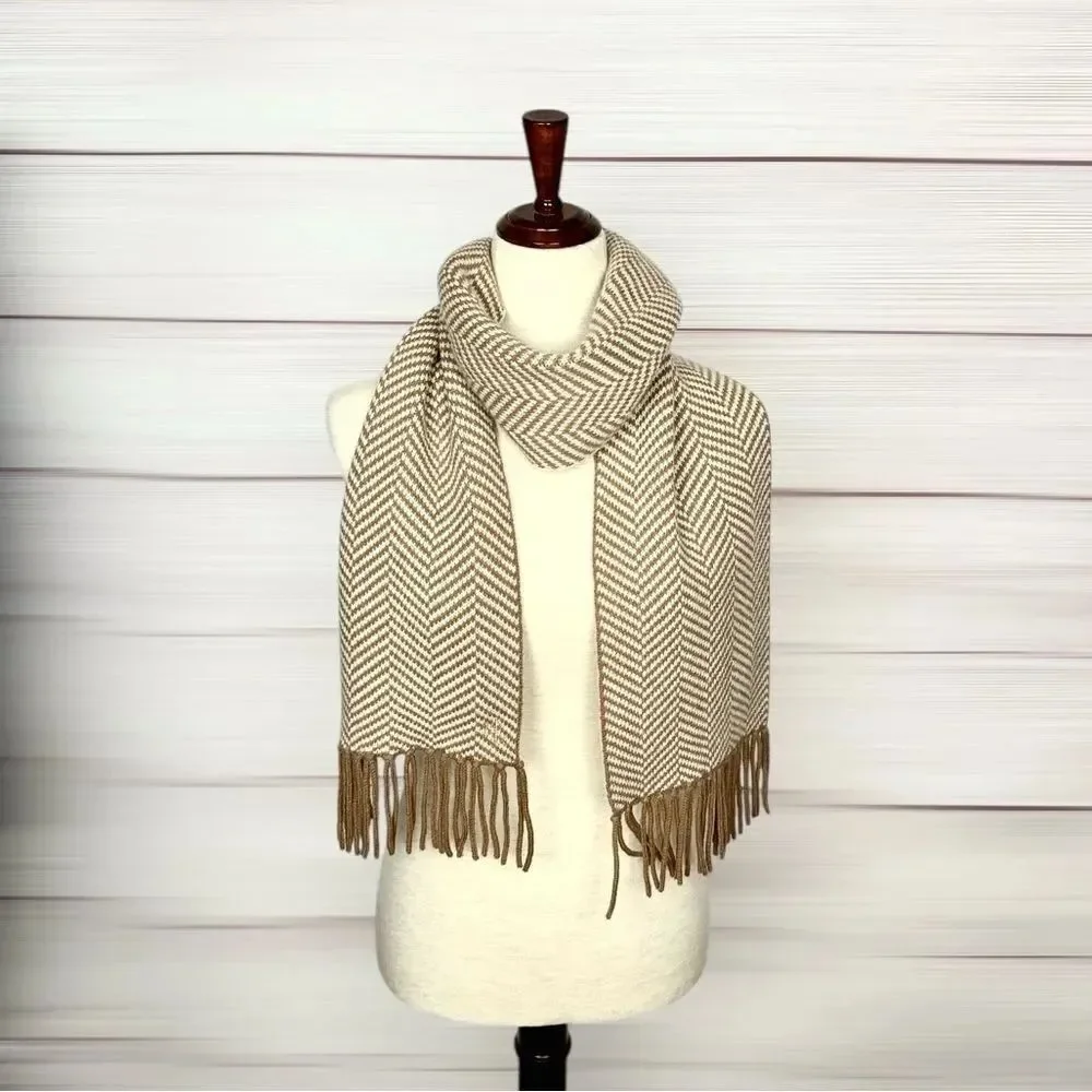 Lauren Ralph Lauren Wool Herringbone Scarf Tan Beige With Fridges Men's Women's